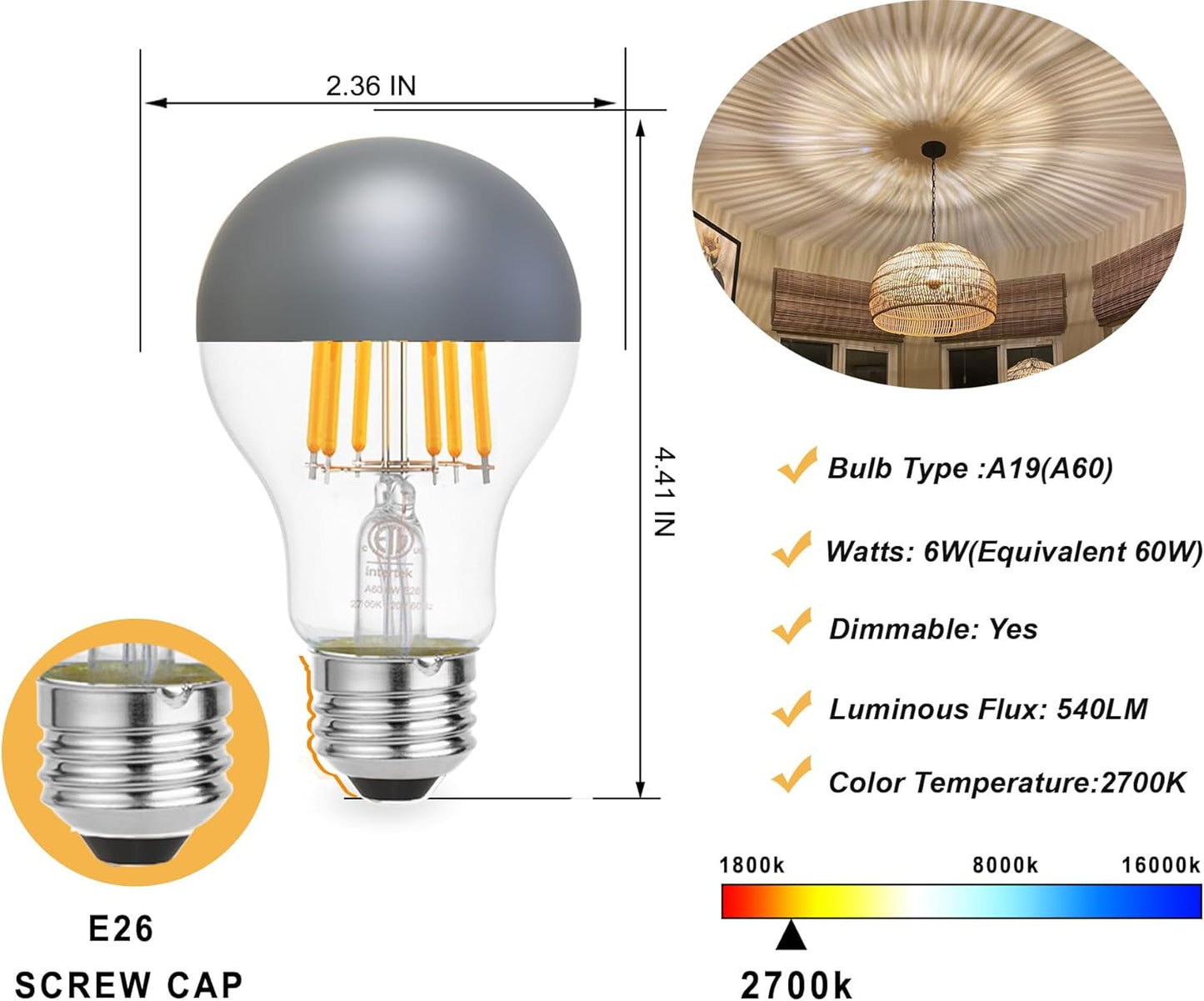 A60 LED half chrome light bulb silver gray