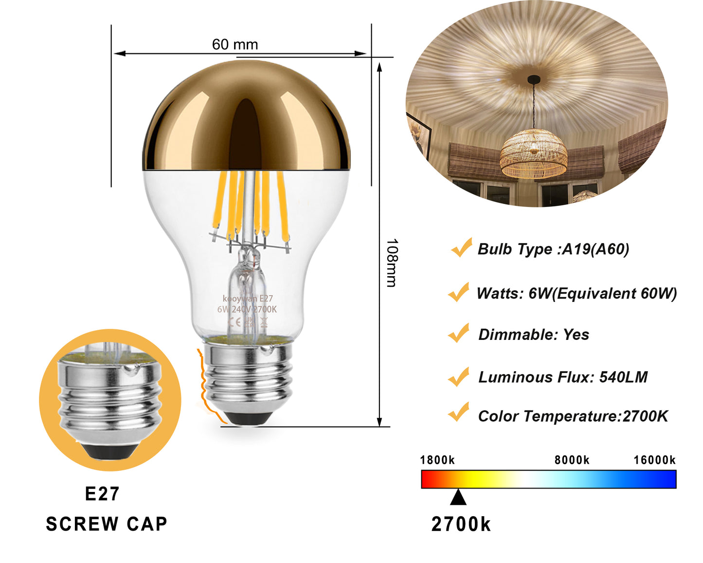 A60 half chrome light bulb gold